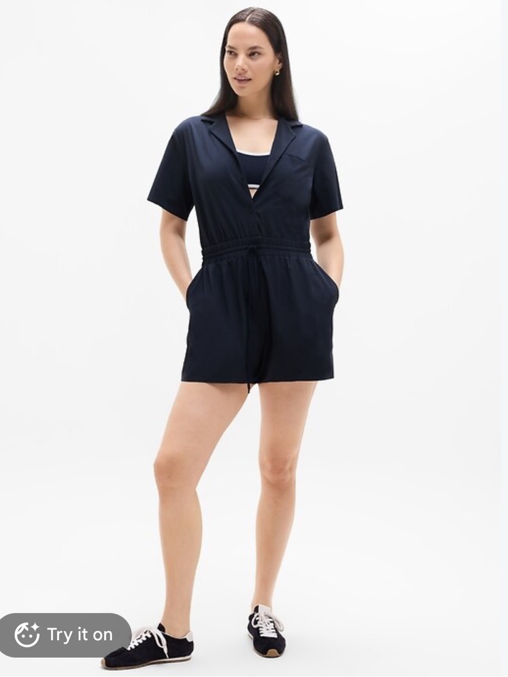 Athleta Avenue Lightweight Short Sleeve Romper in Navy Size MT - Picture 2 of 7